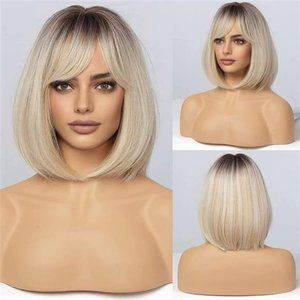 OMBRE Platinum Blonde Bob Wigs with Bangs Heat Resistant